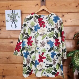Koret Vintage Multi Floral Wooden Button Up Top Tropical 3/4 Blouse Plus Sz 24W